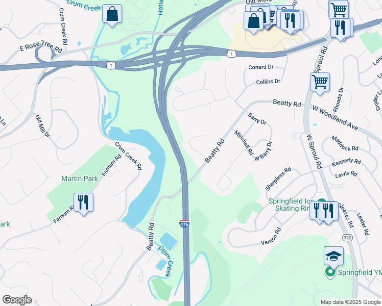 map of restaurants, bars, coffee shops, grocery stores, and more near 716 Kelli Lane in Springfield