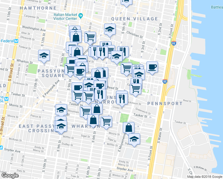 map of restaurants, bars, coffee shops, grocery stores, and more near 1404 South 5th Street in Philadelphia