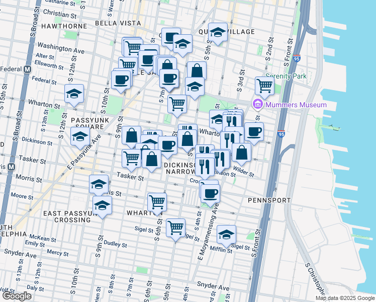 map of restaurants, bars, coffee shops, grocery stores, and more near 1404 South 5th Street in Philadelphia