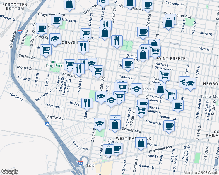 map of restaurants, bars, coffee shops, grocery stores, and more near 1728 South Ringgold Street in Philadelphia