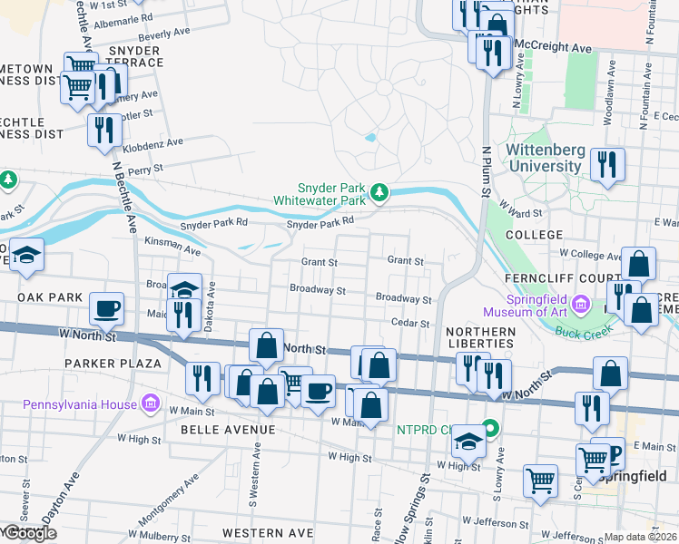 map of restaurants, bars, coffee shops, grocery stores, and more near 720 Grant Street in Springfield
