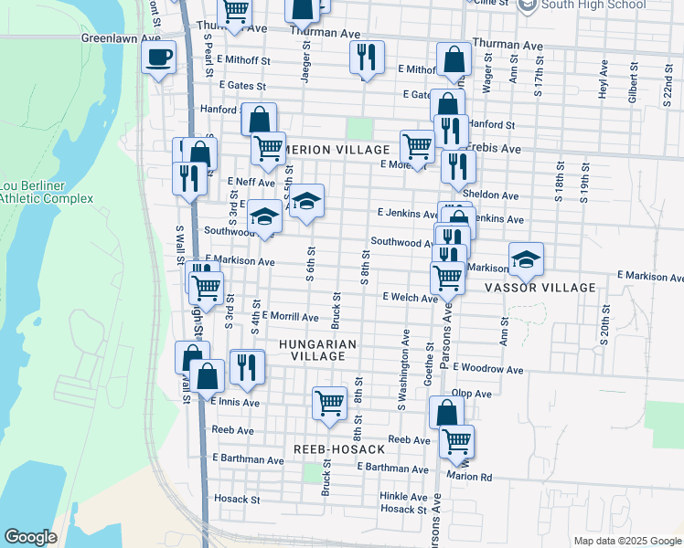 map of restaurants, bars, coffee shops, grocery stores, and more near 249 East Markison Avenue in Columbus