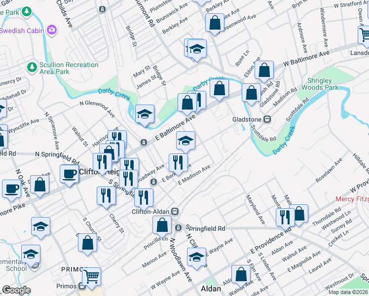 map of restaurants, bars, coffee shops, grocery stores, and more near 34 Edgemont Avenue in Clifton Heights