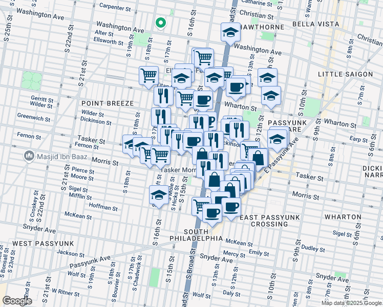 map of restaurants, bars, coffee shops, grocery stores, and more near 1441 Tasker Street in Philadelphia