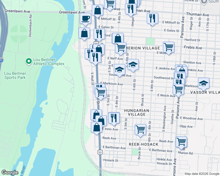 map of restaurants, bars, coffee shops, grocery stores, and more near 80 East Markison Avenue in Columbus