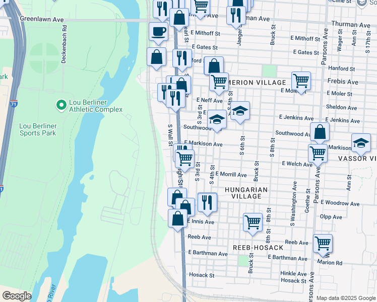 map of restaurants, bars, coffee shops, grocery stores, and more near 30 East Markison Avenue in Columbus