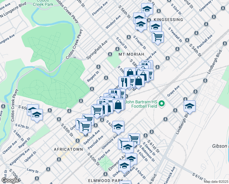 map of restaurants, bars, coffee shops, grocery stores, and more near 6014 Greenway Avenue in Philadelphia