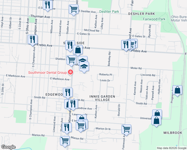 map of restaurants, bars, coffee shops, grocery stores, and more near 1256 Roberts Place in Columbus