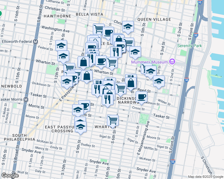 map of restaurants, bars, coffee shops, grocery stores, and more near 1423 South 7th Street in Philadelphia