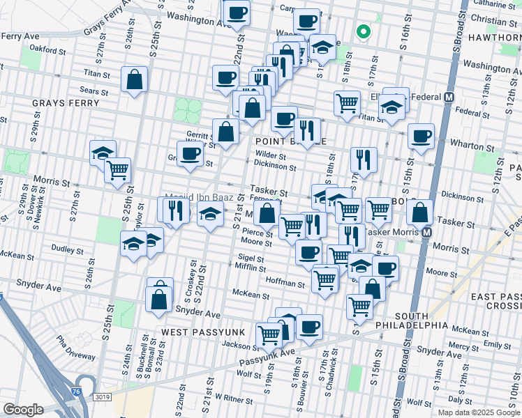 map of restaurants, bars, coffee shops, grocery stores, and more near 2017 Fernon Street in Philadelphia