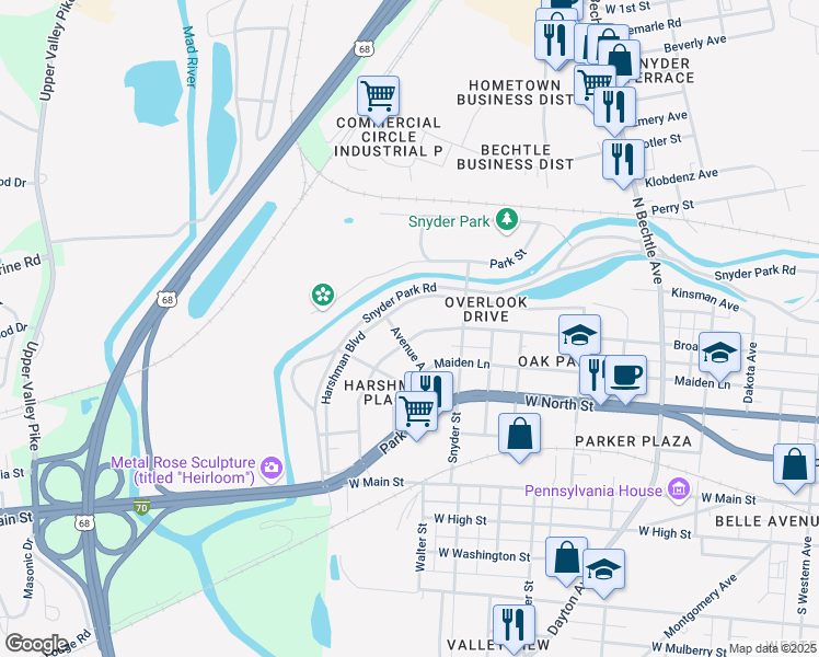 map of restaurants, bars, coffee shops, grocery stores, and more near 1947 Harshman Boulevard in Springfield