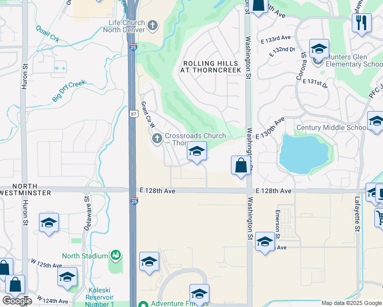 map of restaurants, bars, coffee shops, grocery stores, and more near 12943 Grant Circle East in Denver
