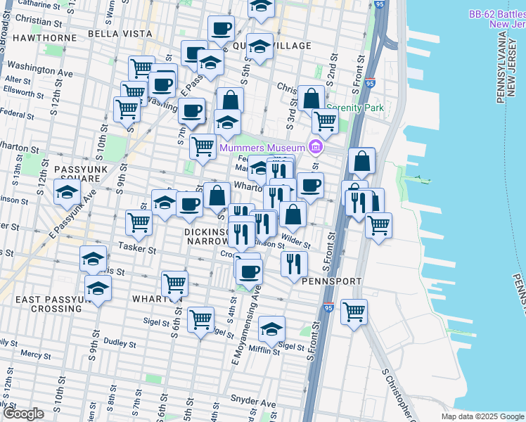 map of restaurants, bars, coffee shops, grocery stores, and more near 307 Sears Street in Philadelphia
