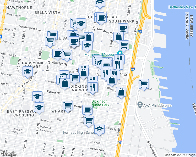 map of restaurants, bars, coffee shops, grocery stores, and more near in Philadelphia