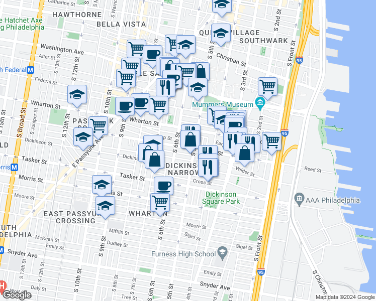 map of restaurants, bars, coffee shops, grocery stores, and more near 1321 South 5th Street in Philadelphia