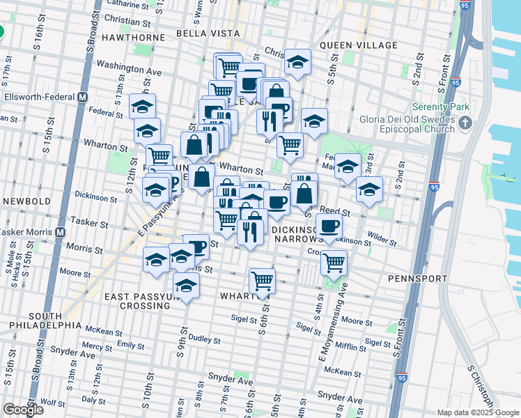 map of restaurants, bars, coffee shops, grocery stores, and more near 1423 South 7th Street in Philadelphia