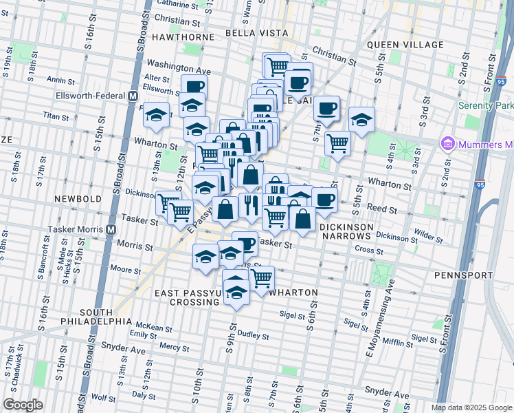 map of restaurants, bars, coffee shops, grocery stores, and more near 1437 South 9th Street in Philadelphia