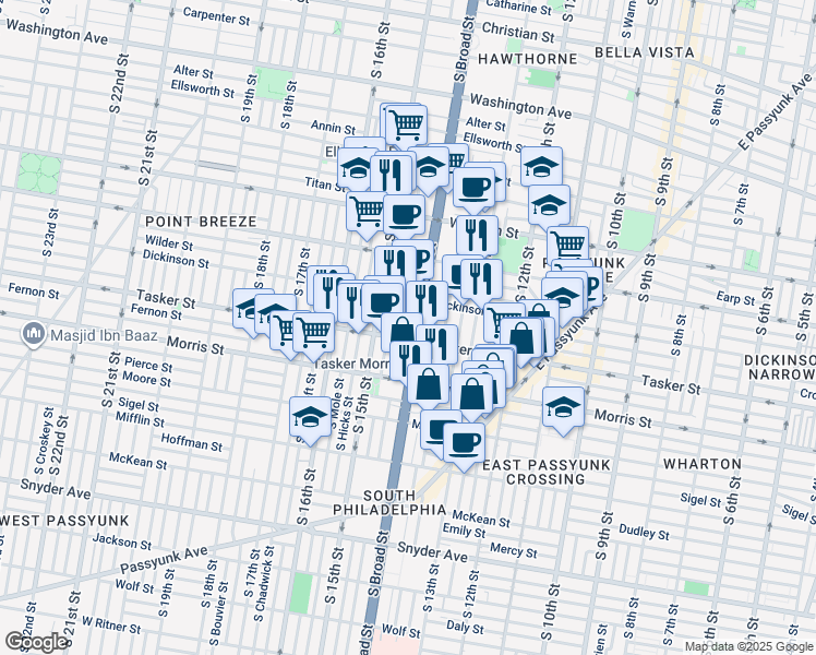 map of restaurants, bars, coffee shops, grocery stores, and more near in Philadelphia