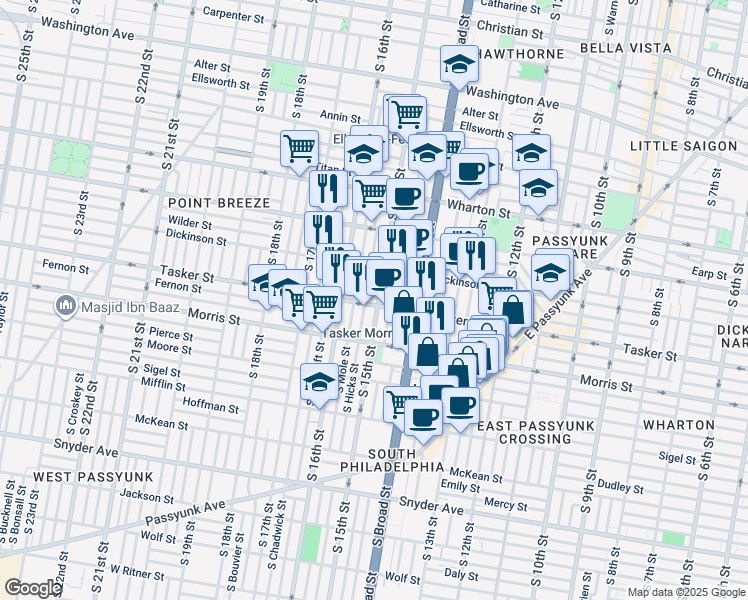map of restaurants, bars, coffee shops, grocery stores, and more near 1431 Tasker Street in Philadelphia
