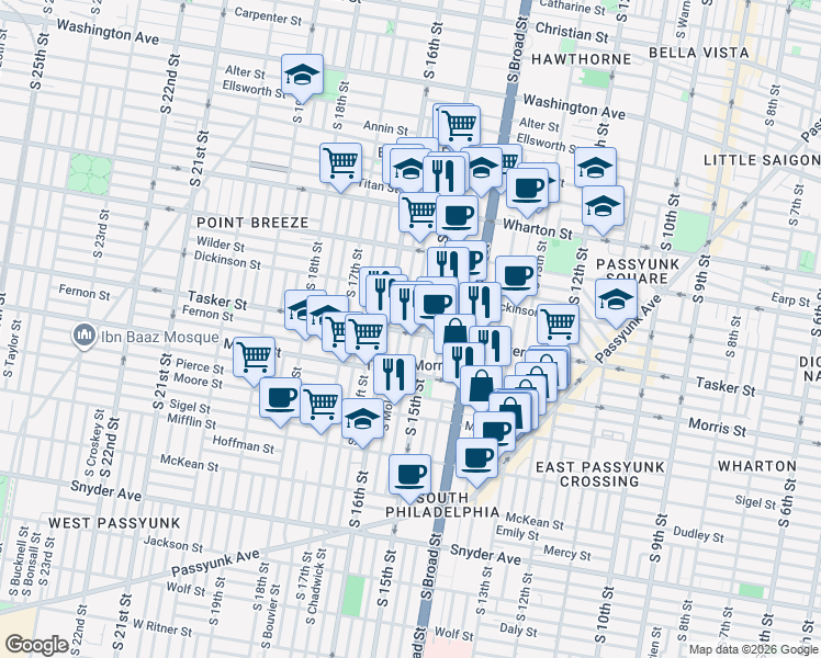 map of restaurants, bars, coffee shops, grocery stores, and more near in Philadelphia