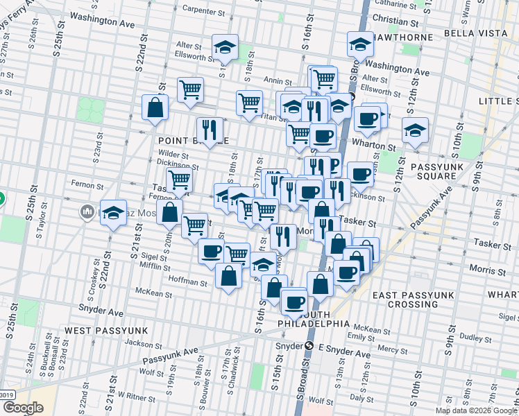 map of restaurants, bars, coffee shops, grocery stores, and more near 1537 South Chadwick Street in Philadelphia