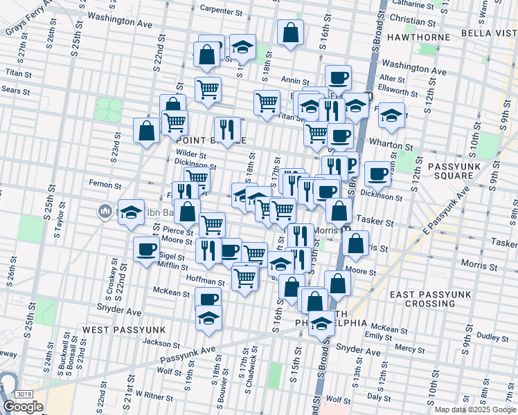map of restaurants, bars, coffee shops, grocery stores, and more near 1545 South Bouvier Street in Philadelphia
