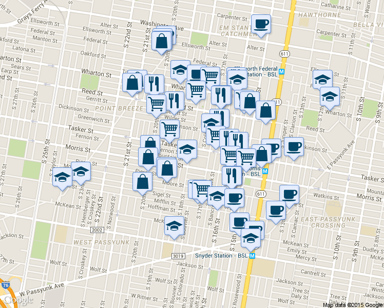 map of restaurants, bars, coffee shops, grocery stores, and more near 1545 South Bouvier Street in Philadelphia