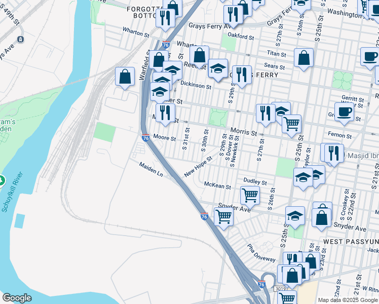 map of restaurants, bars, coffee shops, grocery stores, and more near 1801 South 31st Street in Philadelphia