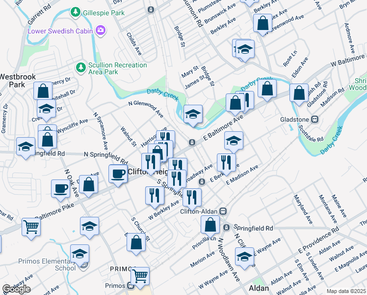 map of restaurants, bars, coffee shops, grocery stores, and more near 18 North Glenwood Avenue in Clifton Heights