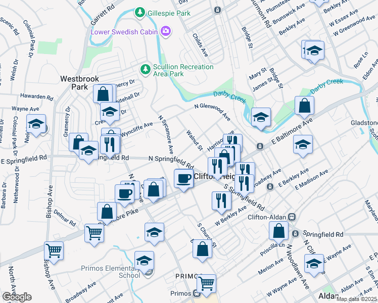 map of restaurants, bars, coffee shops, grocery stores, and more near 44 Fairview Avenue in Clifton Heights