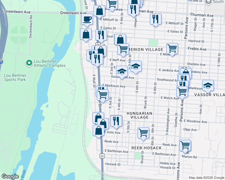 map of restaurants, bars, coffee shops, grocery stores, and more near 80 East Markison Avenue in Columbus