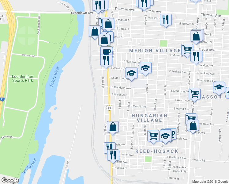 map of restaurants, bars, coffee shops, grocery stores, and more near 30 East Markison Avenue in Columbus