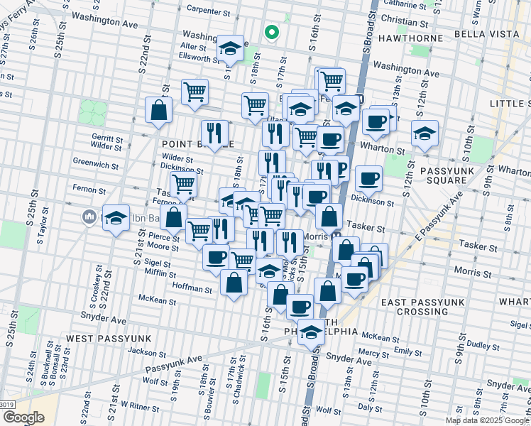 map of restaurants, bars, coffee shops, grocery stores, and more near 1602 South Chadwick Street in Philadelphia