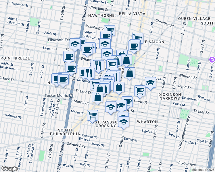 map of restaurants, bars, coffee shops, grocery stores, and more near 1104 Dickinson Street in Philadelphia