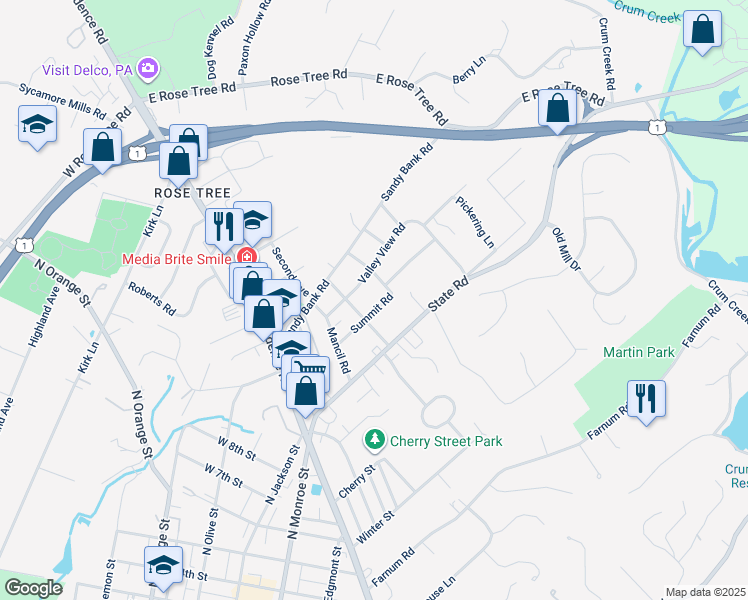 map of restaurants, bars, coffee shops, grocery stores, and more near 220 Summit Road in Media
