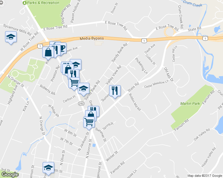 map of restaurants, bars, coffee shops, grocery stores, and more near 220 Summit Road in Media