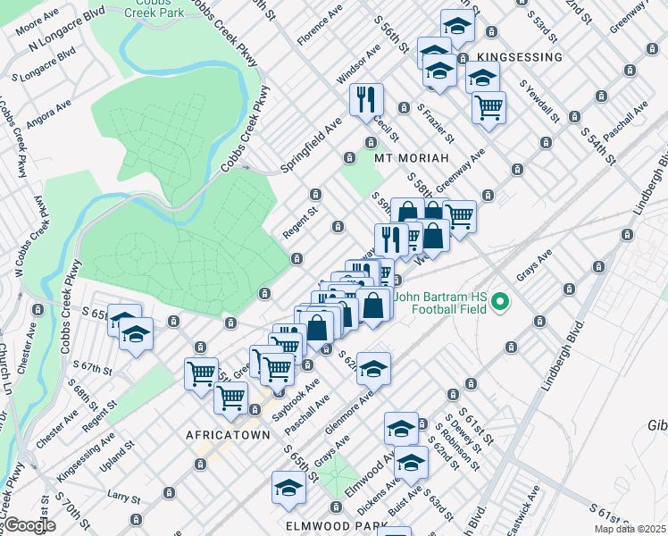 map of restaurants, bars, coffee shops, grocery stores, and more near 6058 Upland Street in Philadelphia