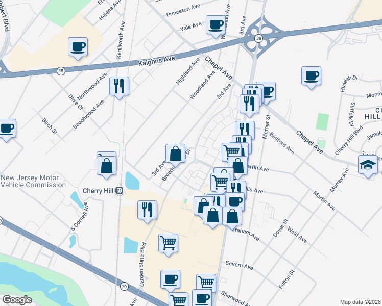map of restaurants, bars, coffee shops, grocery stores, and more near 234 Breeders Cup Drive in Cherry Hill