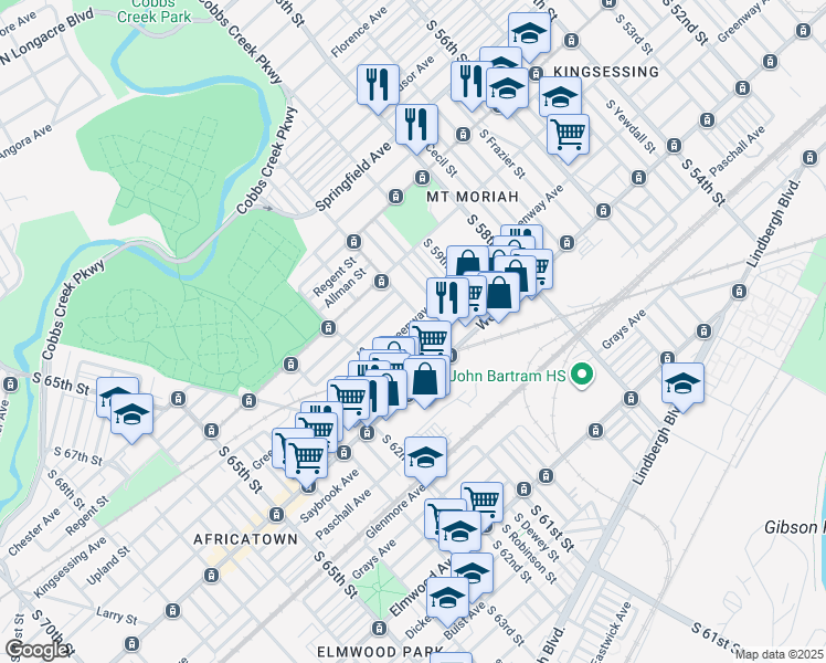 map of restaurants, bars, coffee shops, grocery stores, and more near 6012 Greenway Avenue in Philadelphia