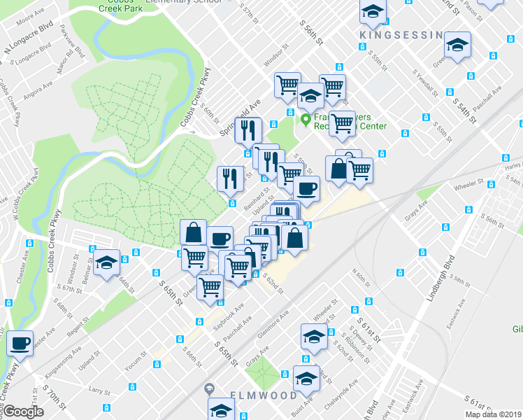 map of restaurants, bars, coffee shops, grocery stores, and more near 6058 Upland Street in Philadelphia
