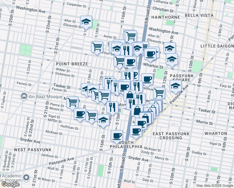 map of restaurants, bars, coffee shops, grocery stores, and more near in Philadelphia