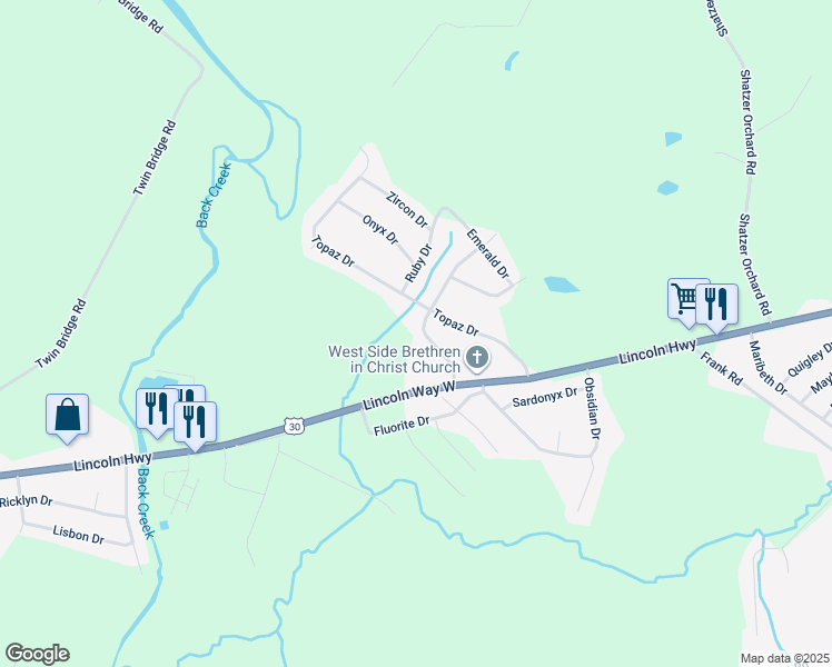map of restaurants, bars, coffee shops, grocery stores, and more near 93 Opal Drive in Chambersburg