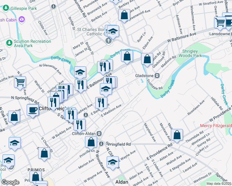 map of restaurants, bars, coffee shops, grocery stores, and more near 346 East Broadway Avenue in Clifton Heights