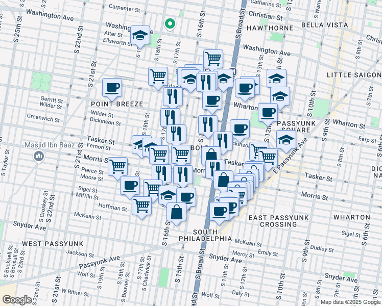 map of restaurants, bars, coffee shops, grocery stores, and more near 1515 Tasker Street in Philadelphia