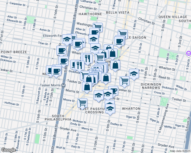 map of restaurants, bars, coffee shops, grocery stores, and more near 1106 Dickinson Street in Philadelphia
