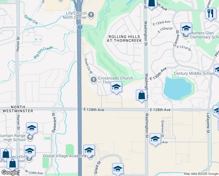 map of restaurants, bars, coffee shops, grocery stores, and more near 12943 Grant Circle East in Denver