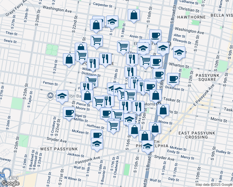 map of restaurants, bars, coffee shops, grocery stores, and more near 1739 Fernon Street in Philadelphia