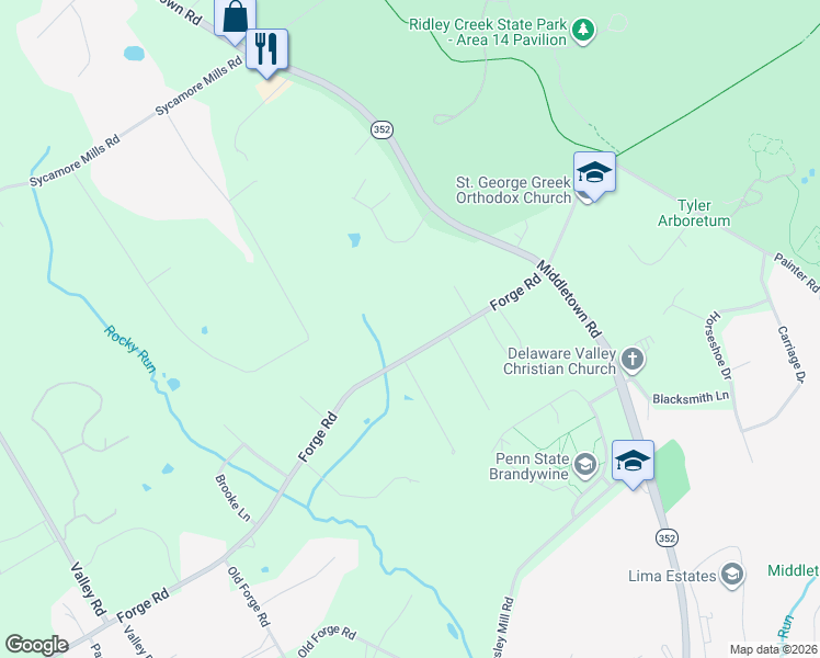 map of restaurants, bars, coffee shops, grocery stores, and more near 63 Forge Road in Glen Mills