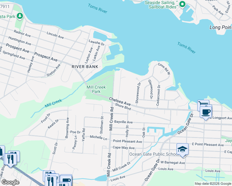 map of restaurants, bars, coffee shops, grocery stores, and more near 25 Mill Creek Road in Ocean County