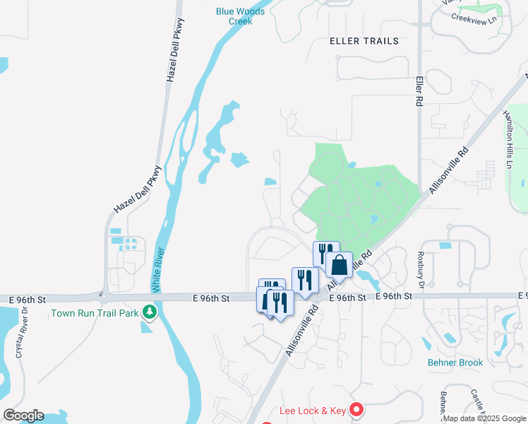 map of restaurants, bars, coffee shops, grocery stores, and more near 9622 Allisonville Rd in Indianapolis
